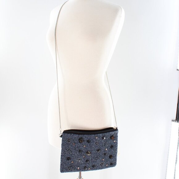 KAYLEE Black Flower Beaded Evening Zip Tp Clutch Crossbody Bag NWT Made in India - Picture 2 of 4
